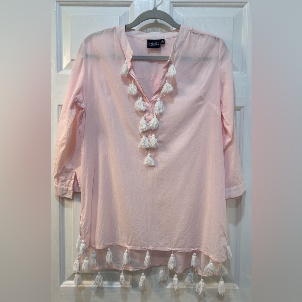 Madison Mathews Coastal Beach Fringe Tunic Top Sz S Lightweight Tassel Cover Up